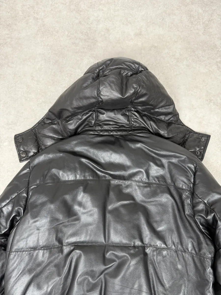 2000s Prada Hooded Black Leather Bomber Puffer Jacket - Image 6