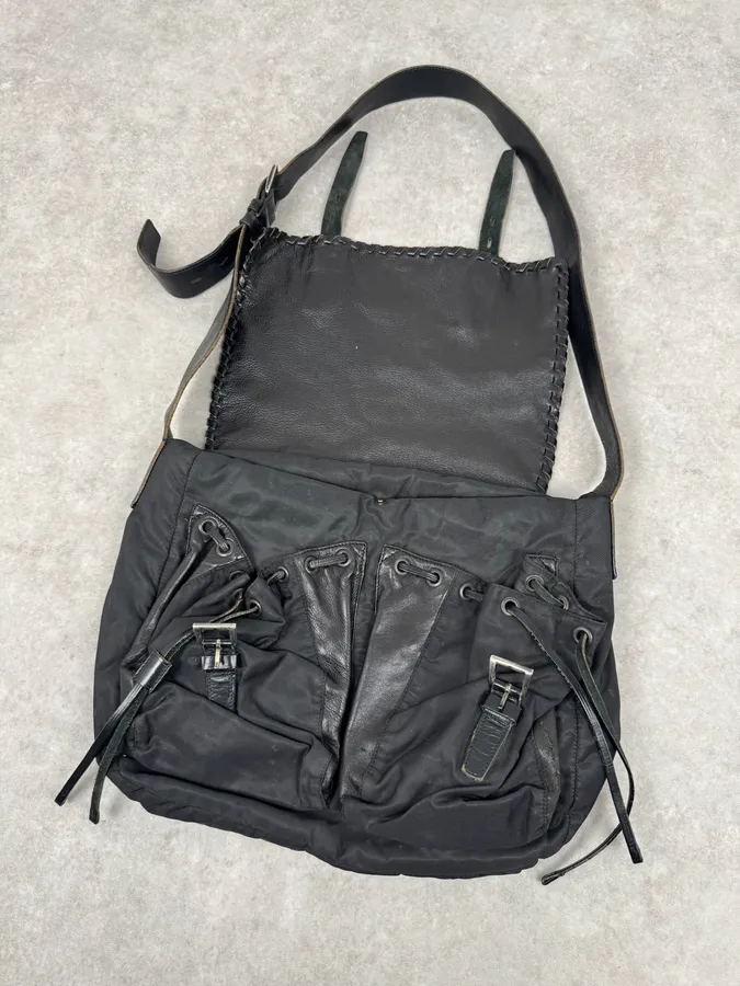 2000s Prada Hybrid Black Leather & Nylon Messenger Shoulder Bag - Image 6
