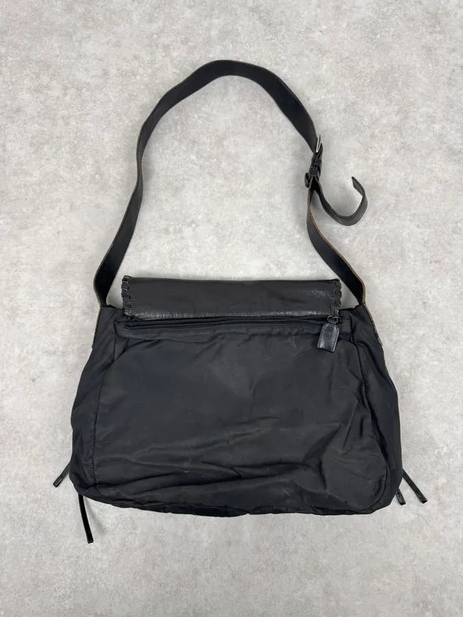 2000s Prada Hybrid Black Leather & Nylon Messenger Shoulder Bag - Image 7