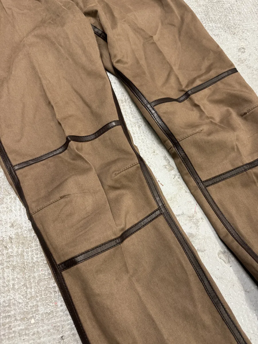 2000s Prada Hybrid Brown Leather Structured Lines Zip Pants - Image 5