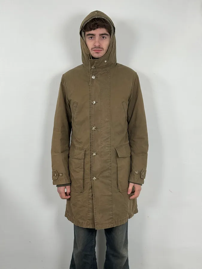 2000s Prada Khaki Green Long Hooded Coat - Image 2
