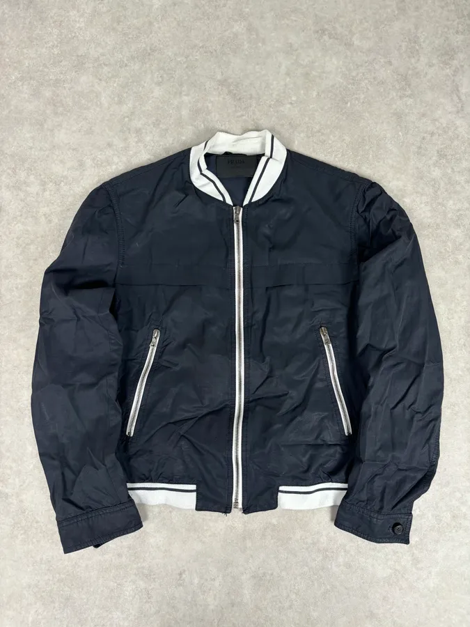 2000s Prada Light Nylon Navy Obscure Bomber Jacket