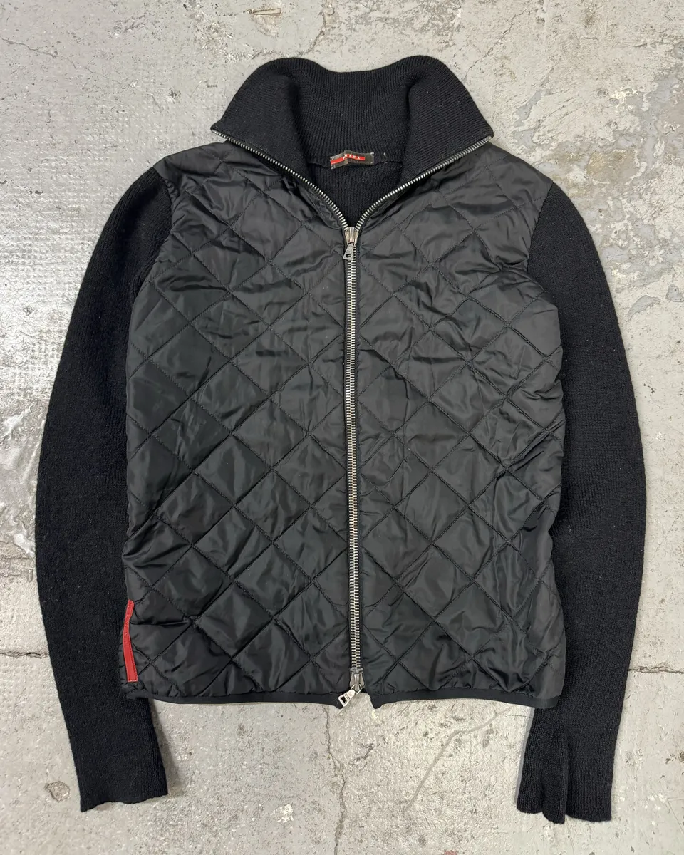 2000s Prada Linea Rossa Hybrid Black Wool Quilted Zip-Up Sweater Jacket