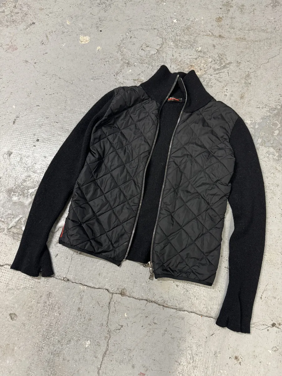 2000s Prada Linea Rossa Hybrid Black Wool Quilted Zip-Up Sweater Jacket - Image 4