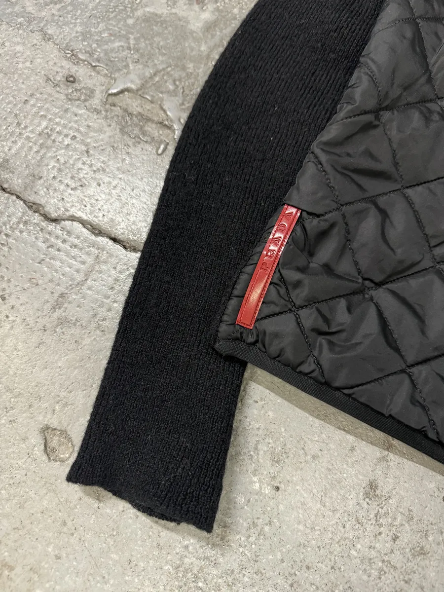 2000s Prada Linea Rossa Hybrid Black Wool Quilted Zip-Up Sweater Jacket - Image 5