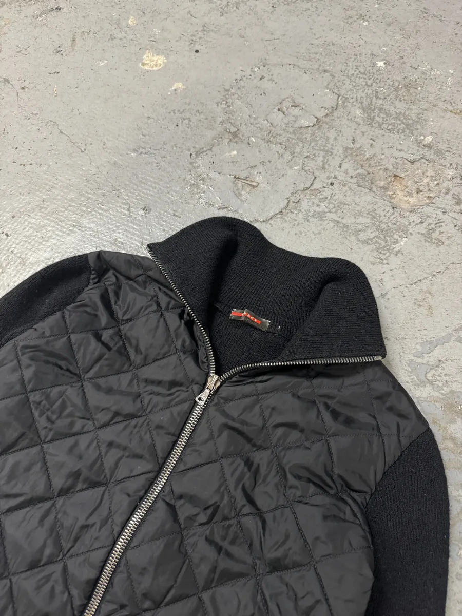 2000s Prada Linea Rossa Hybrid Black Wool Quilted Zip-Up Sweater Jacket - Image 6