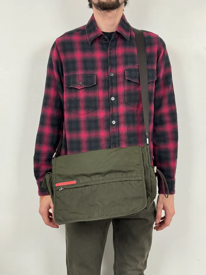 2000s Prada Linea Rossa Military Green Shoulder Bag - Image 2
