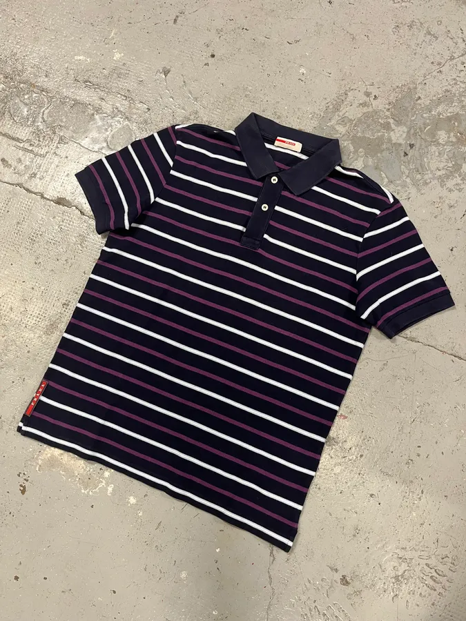 2000s Prada Linea Rossa Navy & Purple Striped Polo Shirt - Image 4