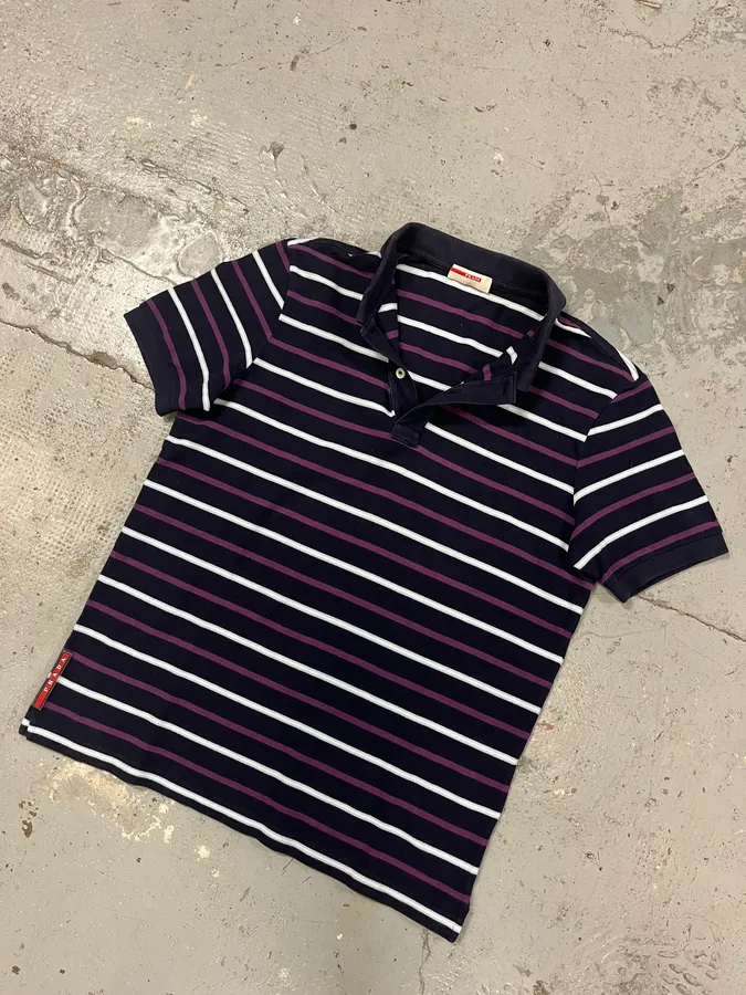 2000s Prada Linea Rossa Navy & Purple Striped Polo Shirt - Image 5