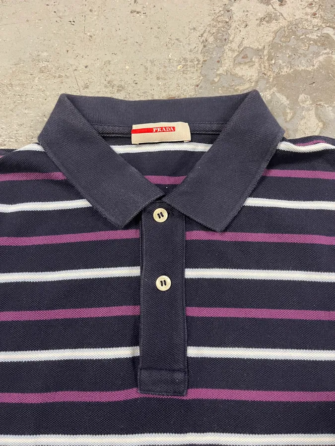 2000s Prada Linea Rossa Navy & Purple Striped Polo Shirt - Image 8