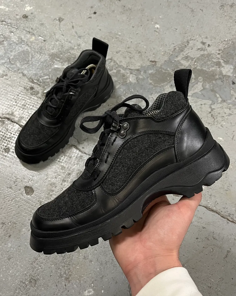2000s Prada Low Grey Tweed Black Leather Vibram Boots