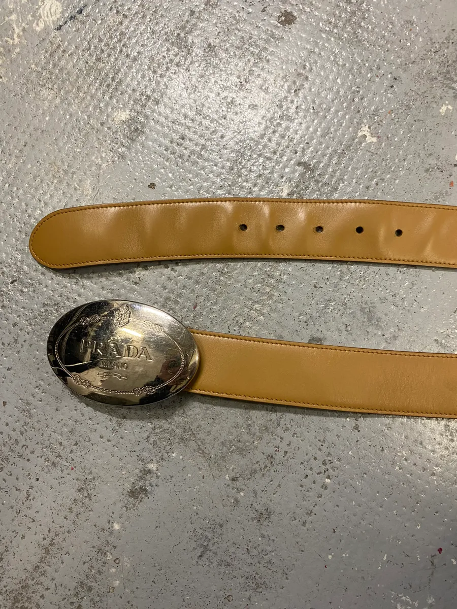 2000s Prada Milano Buckle Yellow Leather Belt - Image 2
