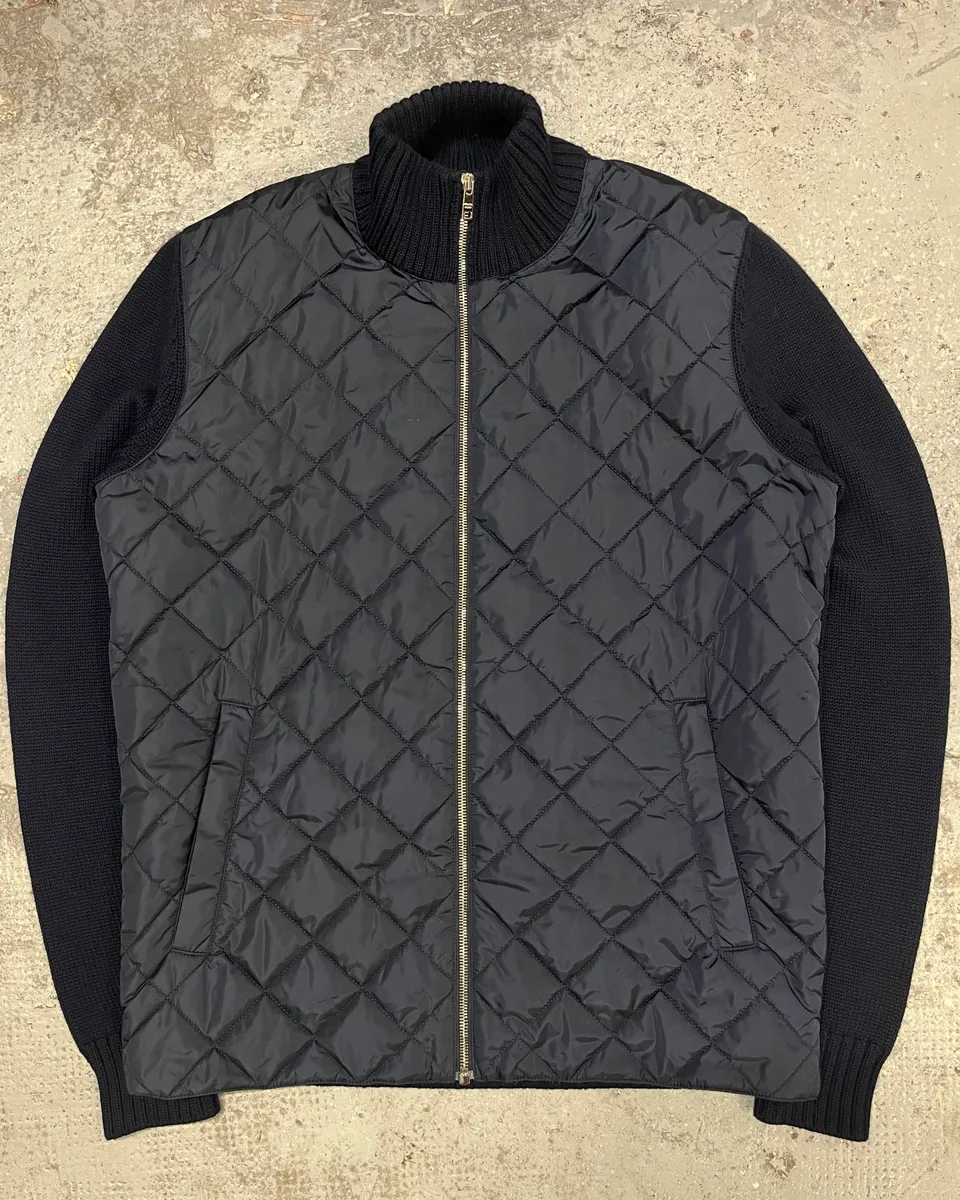 2000s Prada Navy Quilted Zip-up Wool Sweater