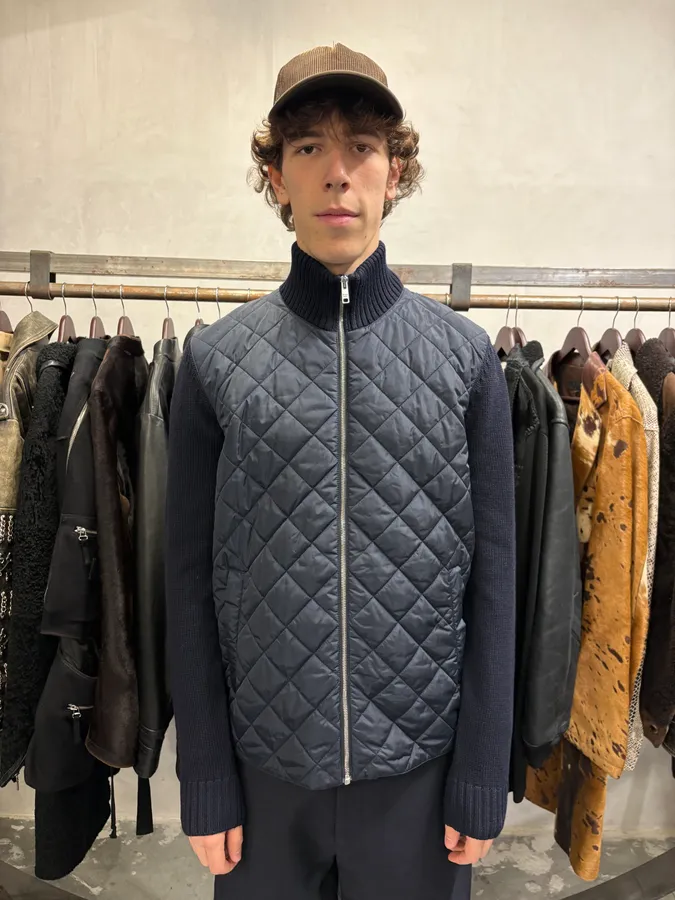 2000s Prada Navy Quilted Zip-up Wool Sweater - Image 2