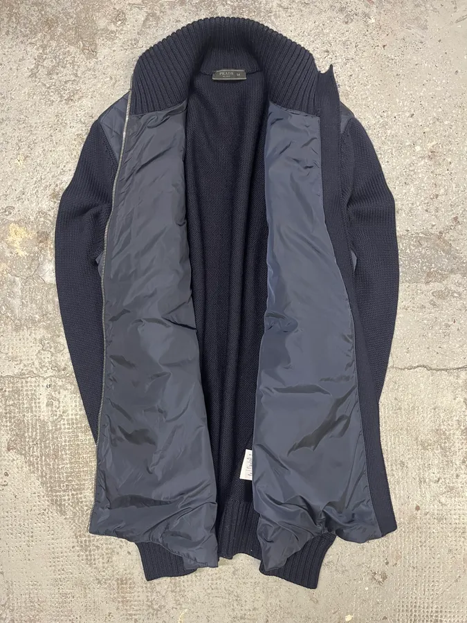 2000s Prada Navy Quilted Zip-up Wool Sweater - Image 6