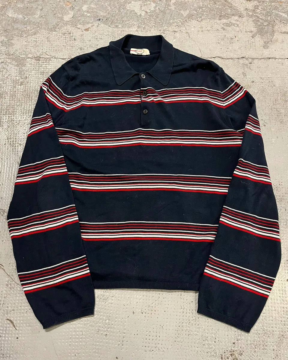 2000s Prada Navy Red & White Striped Polo