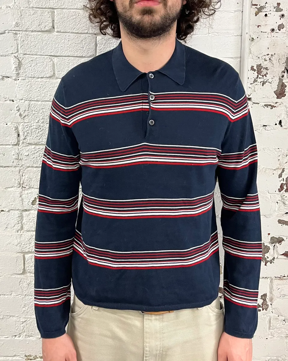 2000s Prada Navy Red & White Striped Polo - Image 2