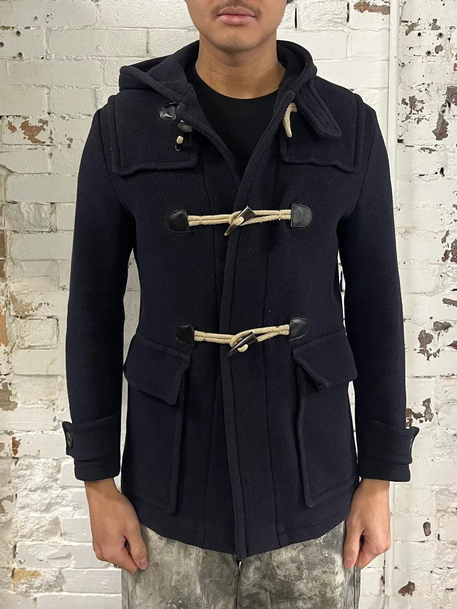 2000s Prada Navy Wool Horne Buckle Mongolian Hooded Jacket - Image 2