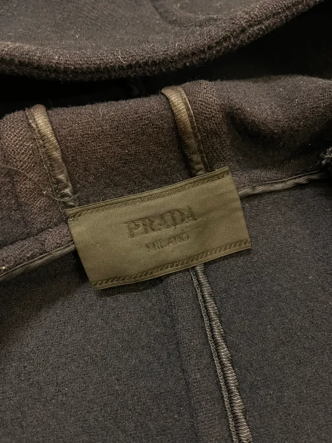 2000s Prada Navy Wool Horne Buckle Mongolian Hooded Jacket - Image 9