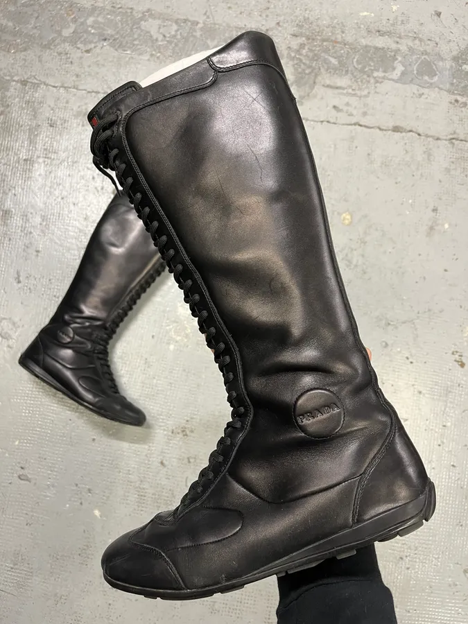 2000s Prada Ninja Lace-Up Black Leather High Boots