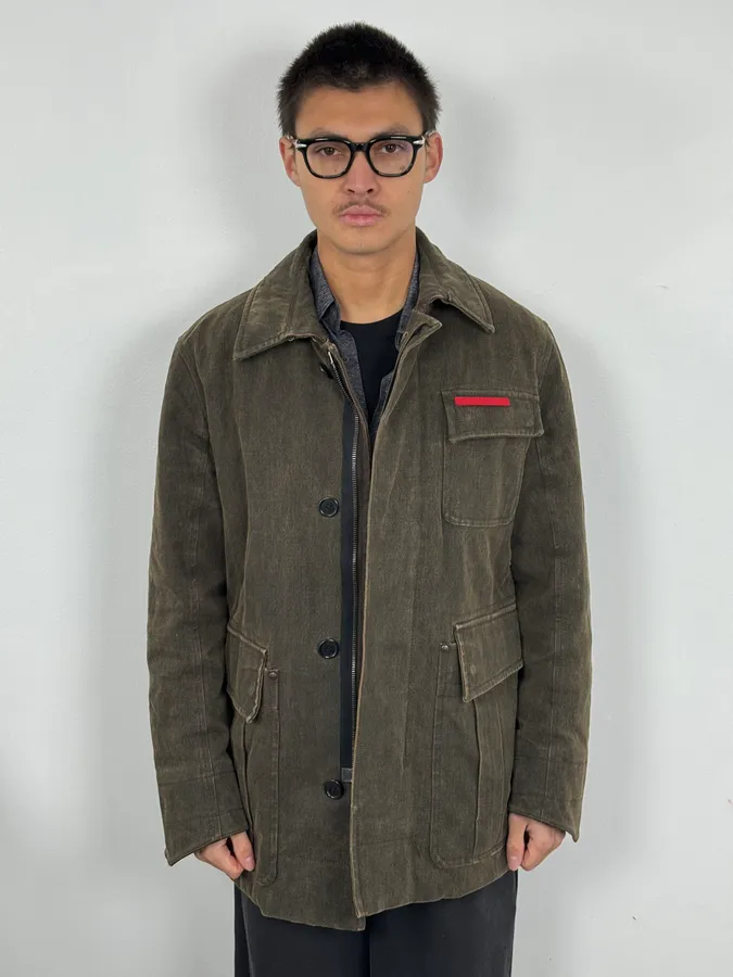 2000s Prada Olive Denim Cargo Long Jacket - Image 2