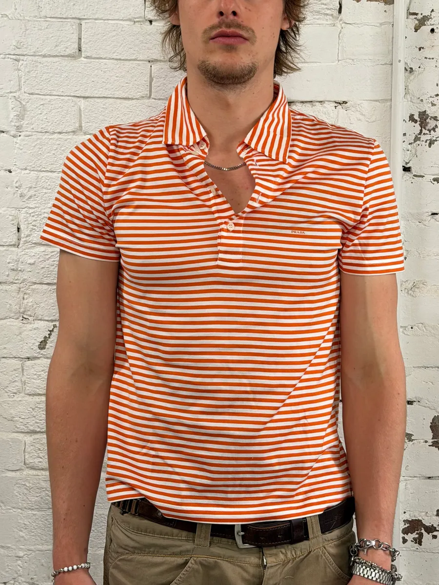 2000s Prada Orange Striped Polo - Image 2