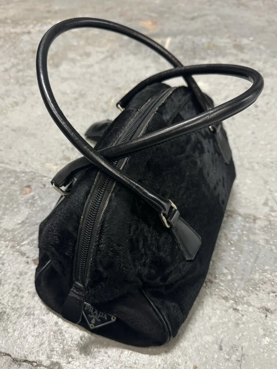 2000s Prada Pony Hair Black Leather Bowling Handle Bag