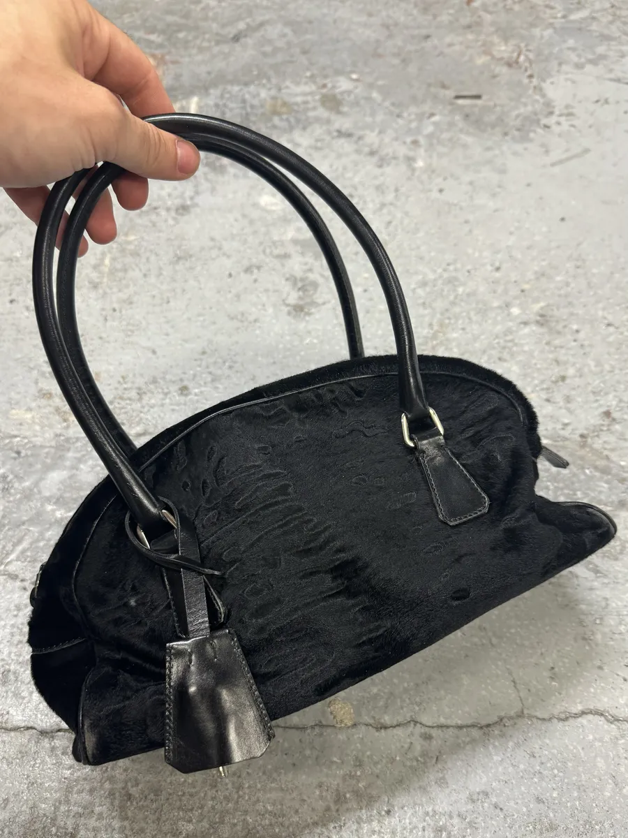 2000s Prada Pony Hair Black Leather Bowling Handle Bag - Image 2