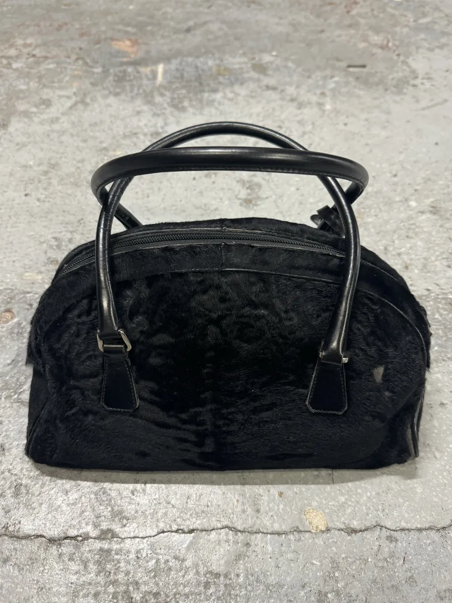 2000s Prada Pony Hair Black Leather Bowling Handle Bag - Image 3