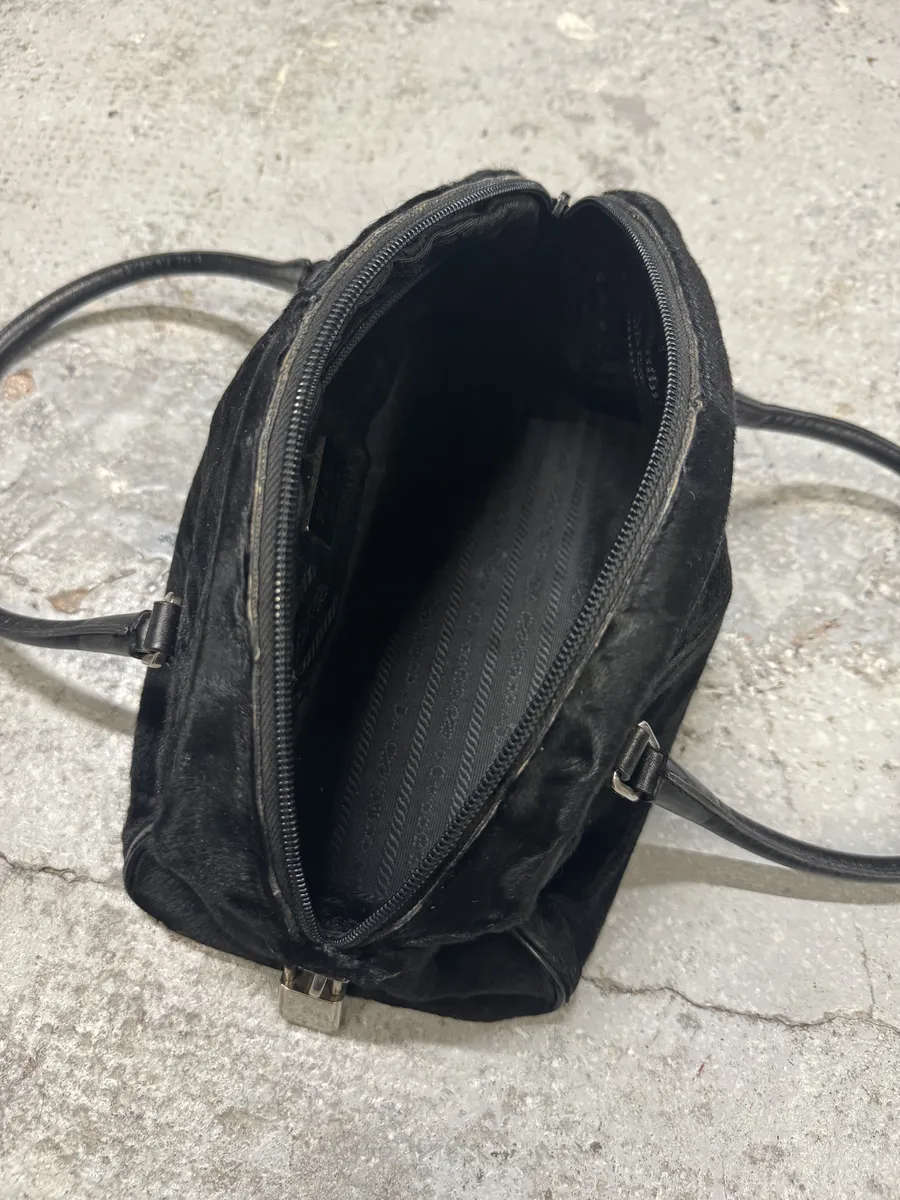 2000s Prada Pony Hair Black Leather Bowling Handle Bag - Image 6
