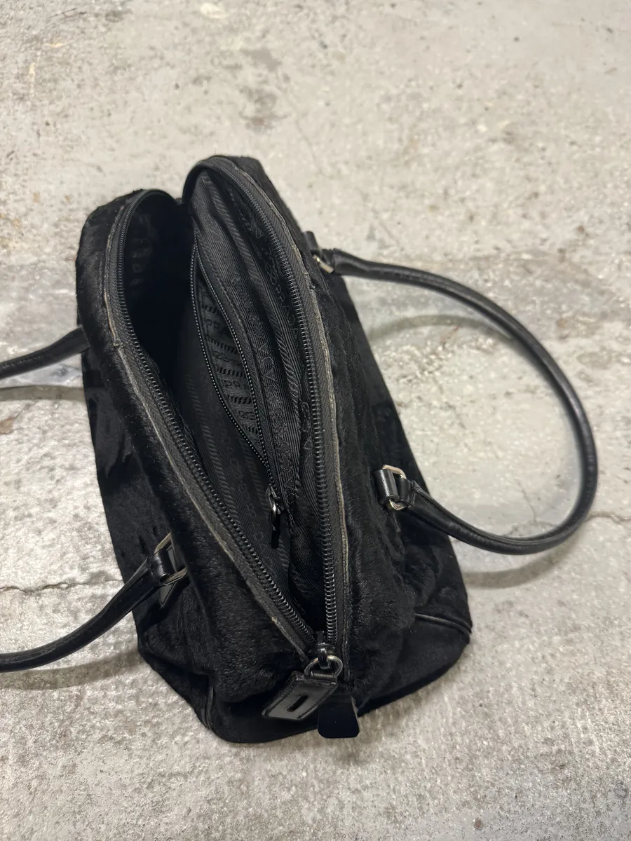 2000s Prada Pony Hair Black Leather Bowling Handle Bag - Image 7