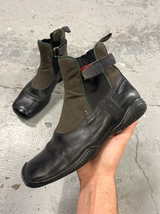 2000s Prada Strap Hybrid Green & Black Leather Boots