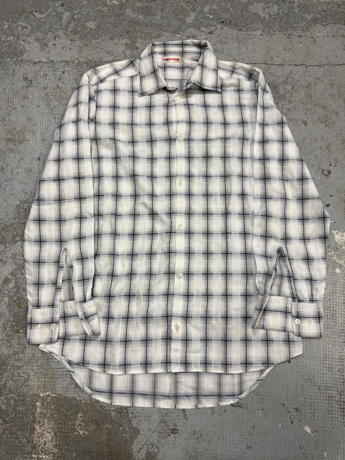 2000s Prada White Blue Checkered Shirt