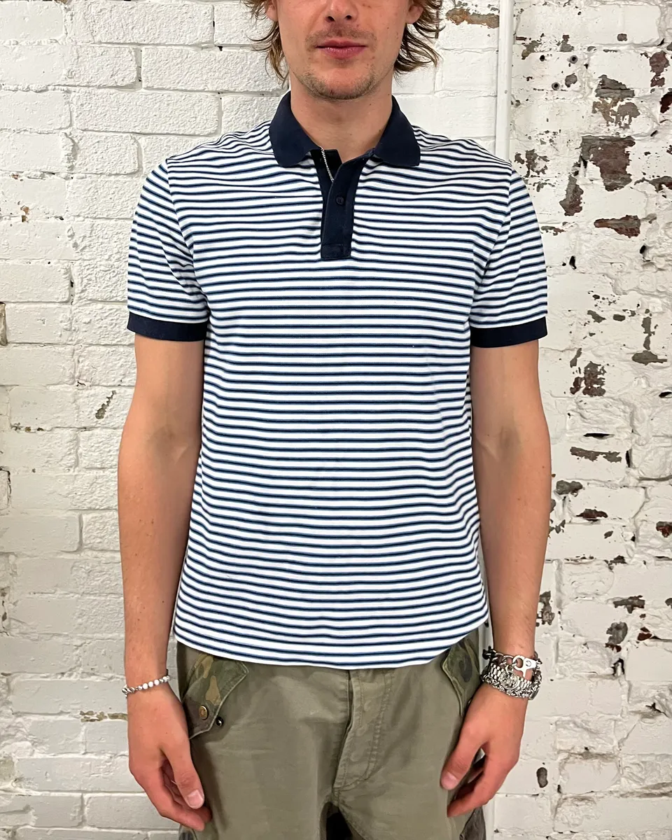 2000s Prada White & Navy Linea Rossa Striped Polo