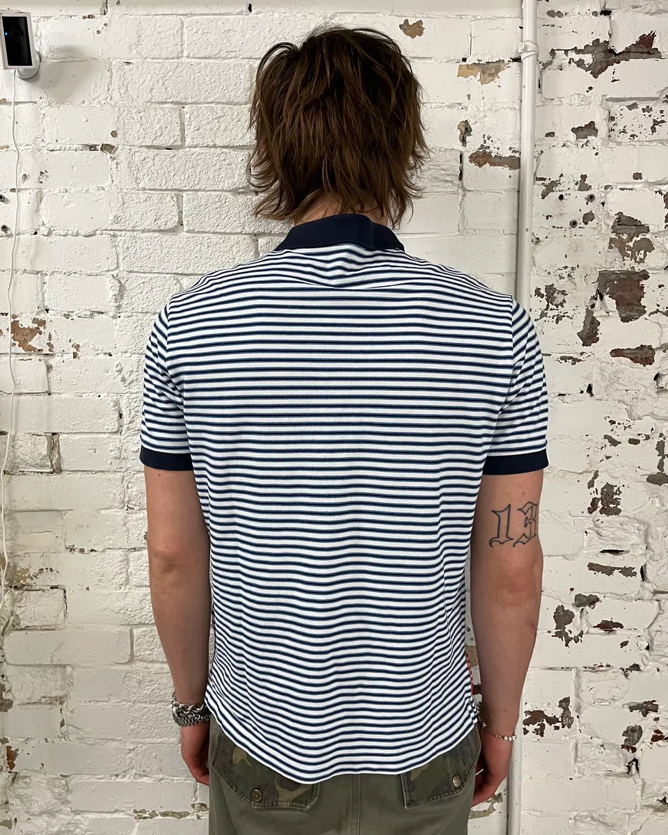 2000s Prada White & Navy Linea Rossa Striped Polo - Image 2