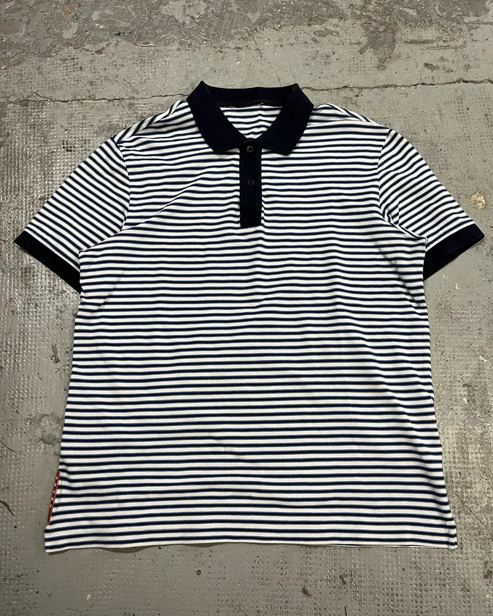 2000s Prada White & Navy Linea Rossa Striped Polo - Image 3