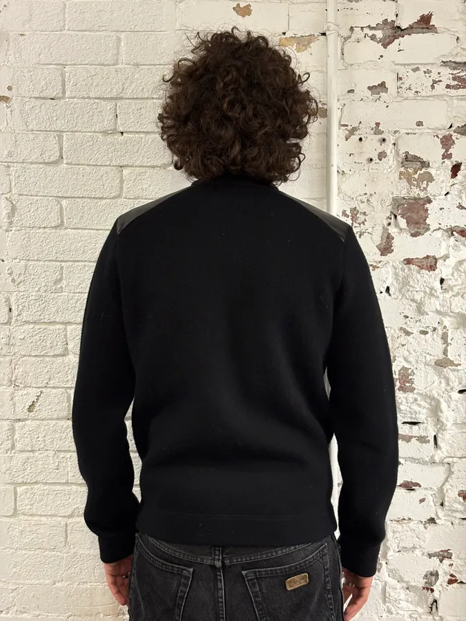 2000s Prada Wool & Leather Shoulder Black Zip-Up Sweater - Image 2