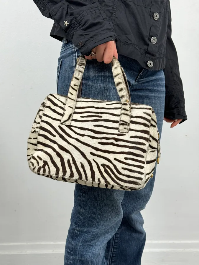2000s Prada Zebra Pony Hair Leather Handle Bag - Image 2