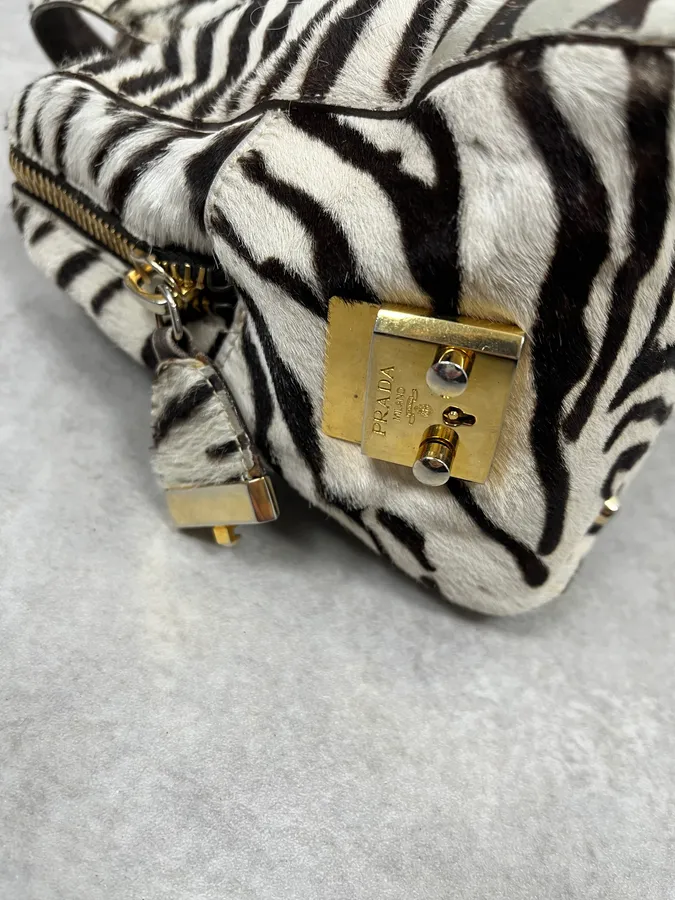 2000s Prada Zebra Pony Hair Leather Handle Bag - Image 5