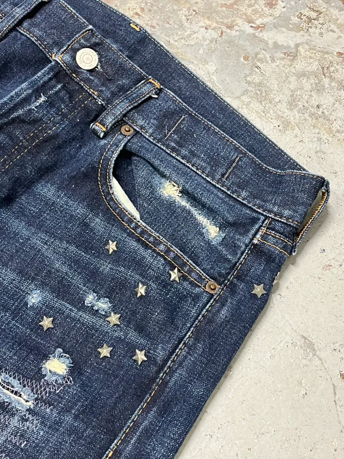 2000s Ralph Lauren Blue Patchwork Effect Slim Denim Jeans - Image 11