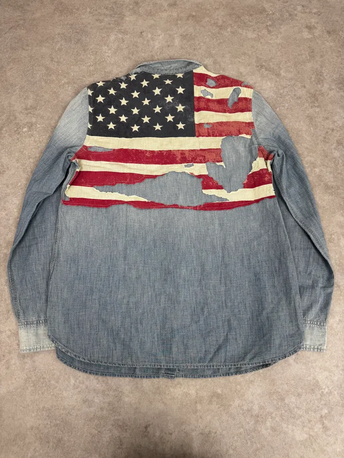 2000s Ralph Lauren Denim & Supply Destroyed USA Flag Blue Denim Shirt - Image 2