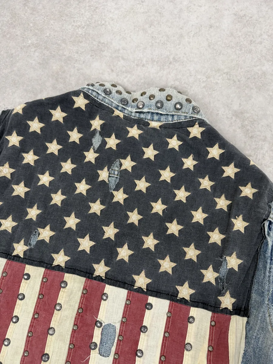 2000s Ralph Lauren Denim & Supply Pins Studded USA Flag Denim Jacket - Image 6