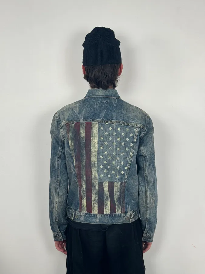 2000s Ralph Lauren Denim & Supply USA Flag Faded Blue Denim Jacket - Image 3