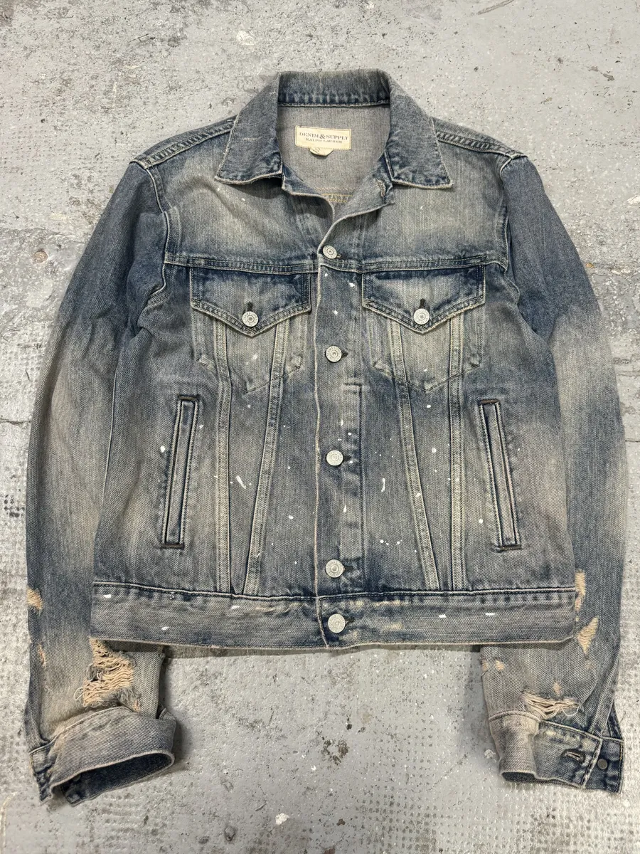 2000s Ralph Lauren Distressed Painted Blue Denim Flag Jacket - Image 2