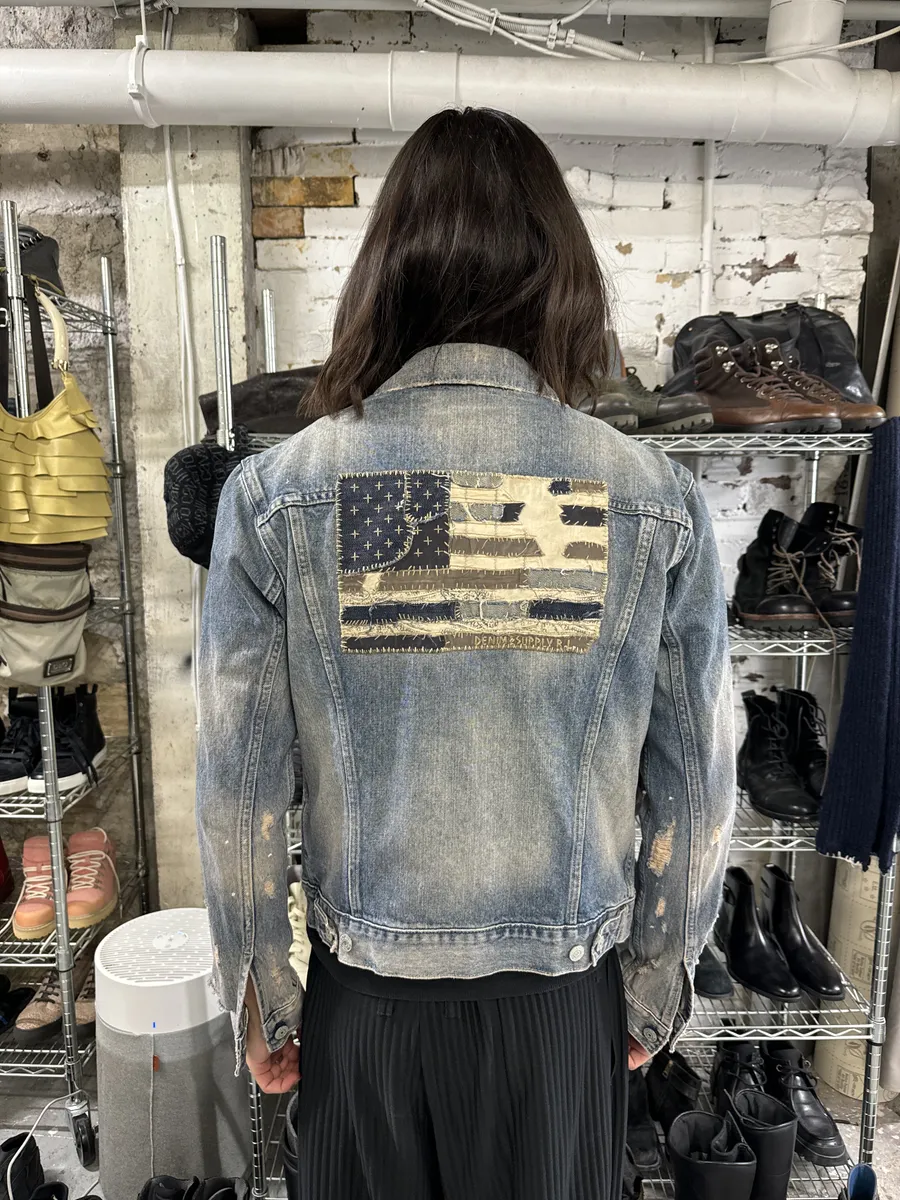 2000s Ralph Lauren Distressed Painted Blue Denim Flag Jacket - Image 4