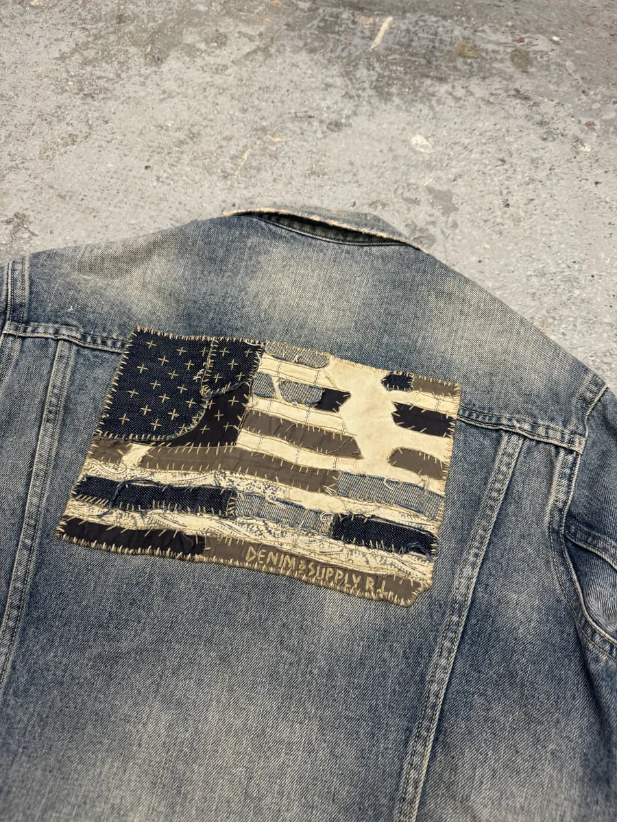 2000s Ralph Lauren Distressed Painted Blue Denim Flag Jacket - Image 5