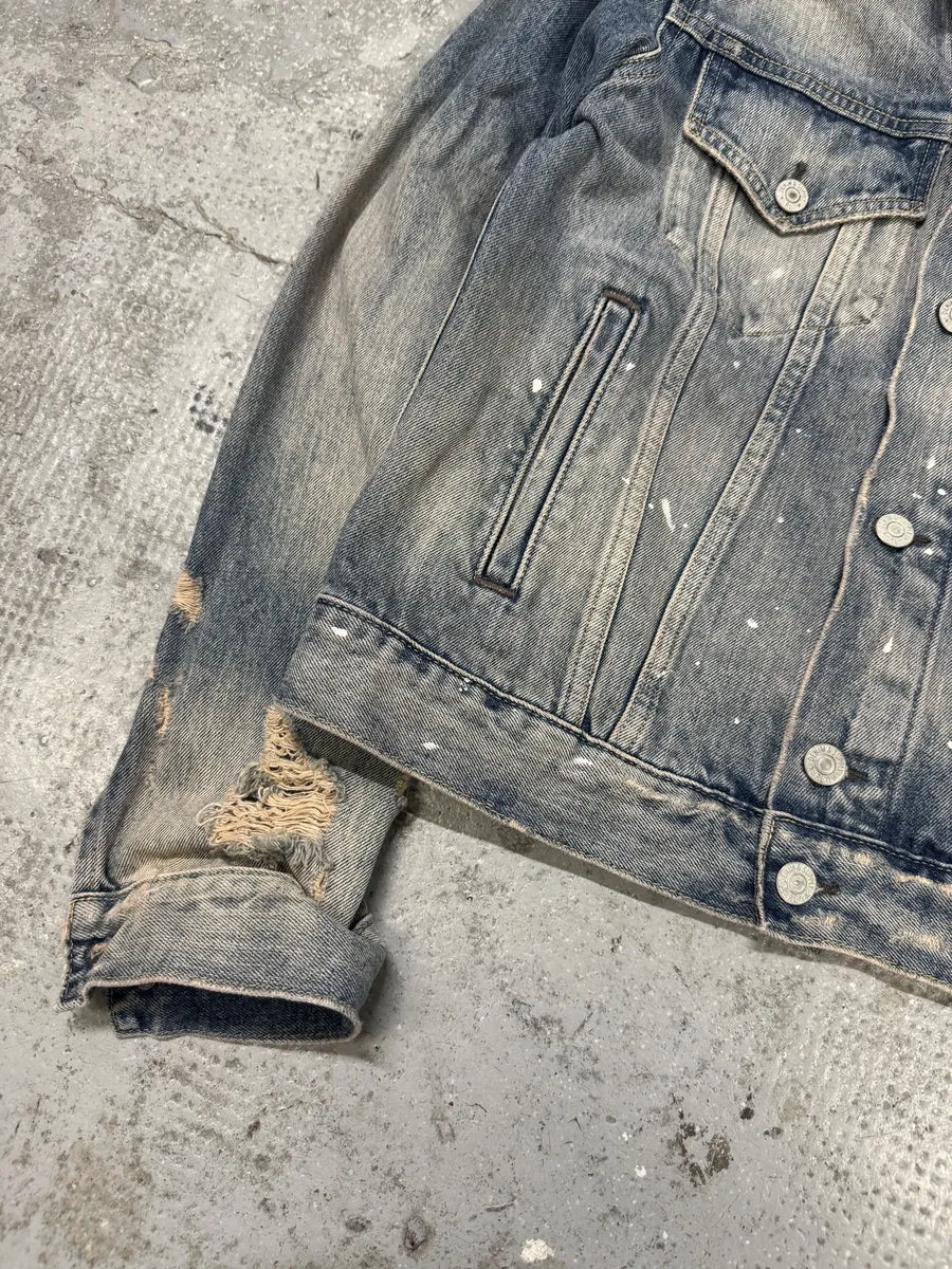 2000s Ralph Lauren Distressed Painted Blue Denim Flag Jacket - Image 7
