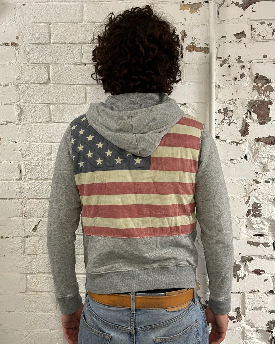2000s Ralph Lauren Grey American Flag Distressed Zip Hoodie - Image 4