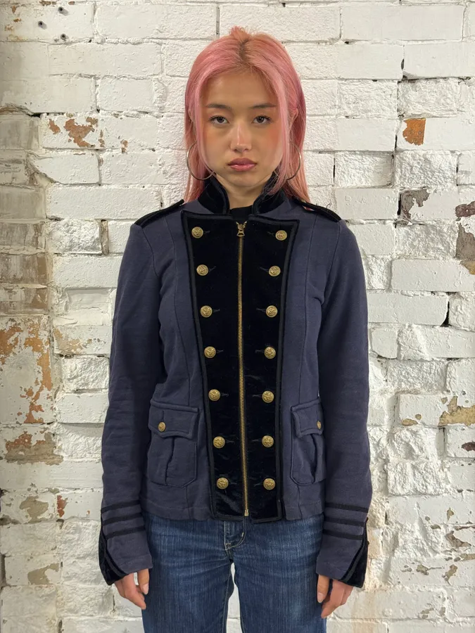 2000s Ralph Lauren Navy & Black Velvet Officer Jacket - Image 2