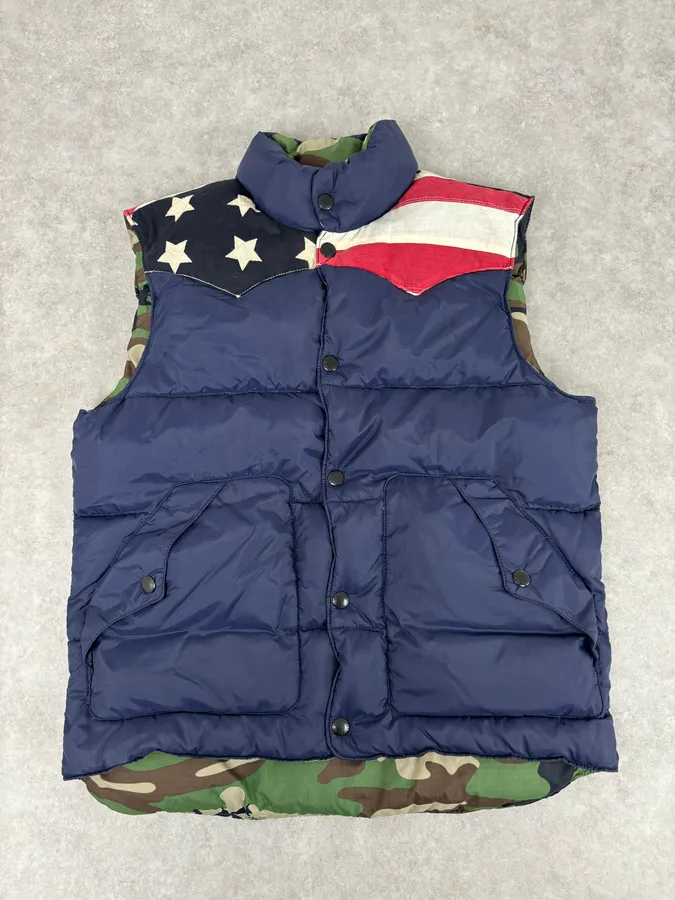 2000s Ralph Lauren Navy & Camo Reversible USA FLAG Puffer Vest